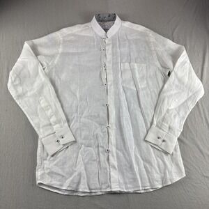 Akbar Linen Shirt Mens White 40 Mandarin Collar Loop Button Long Sleeve Preppy